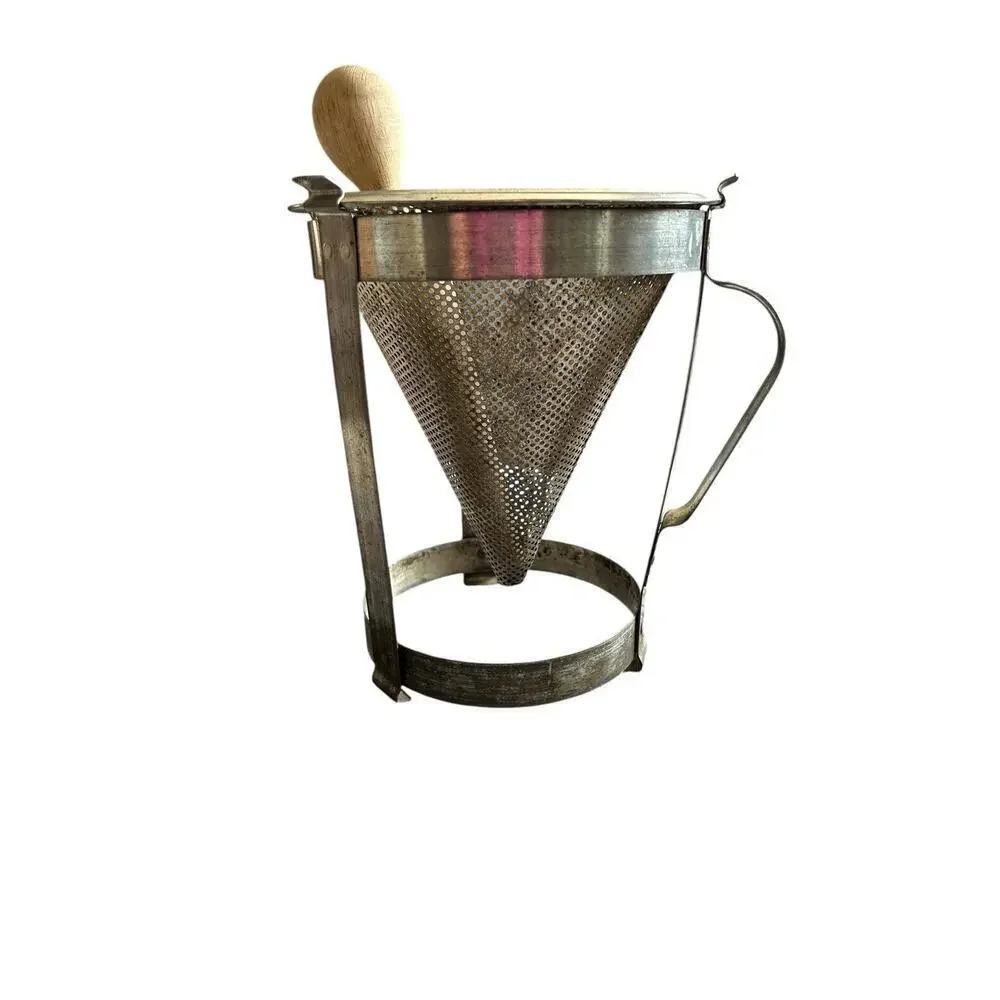 Antique Cone Sieve Food Mill Strainer on Tripod w Wood Pestle Masher some rust